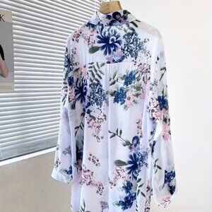 New Mid-Length Lavender floral Lightweight Breathable Long-Sleeve Button Down